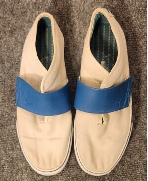 Vintage Puma Sportstyle Canvas Slip On Deck Shoes Sneakers Cream Blue Strap
